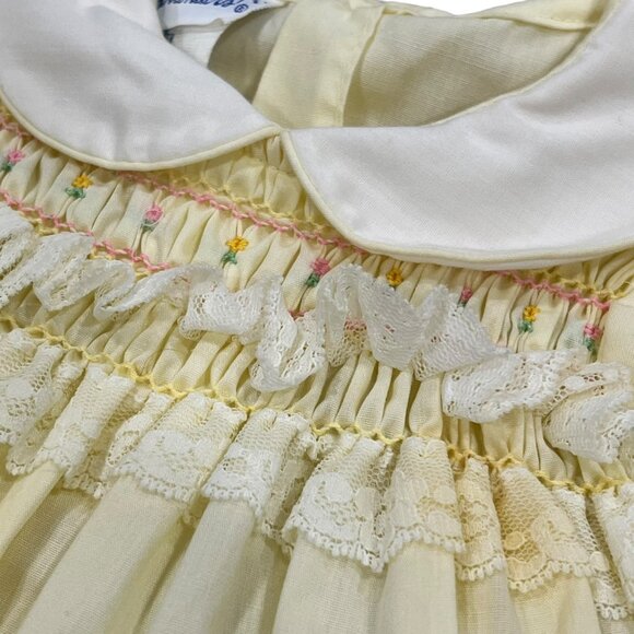 Polly Flinders Vintage Baby Dress Yellow White Lace Trim & Smocking 6-12 Months - Picture 3 of 8